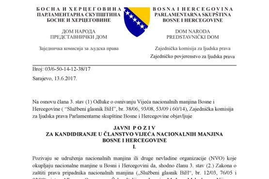 Zajednička komisija za ljudska prava objavila Javni poziv za kandidiranje u članstvo Vijeća nacionalnih manjina BiH